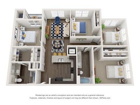 Floor plan for 4 beds, 2 baths, 1423 sqft